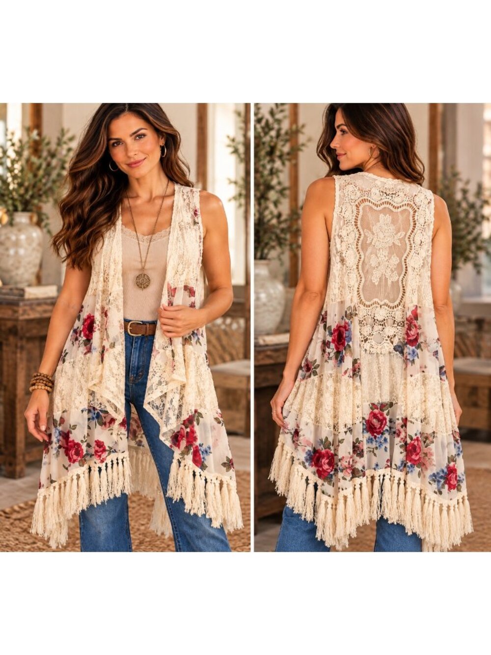 Vivid Importers NY Vest M Boho Lace Crochet Floral Tassel Fringe Sheer Lagenlook